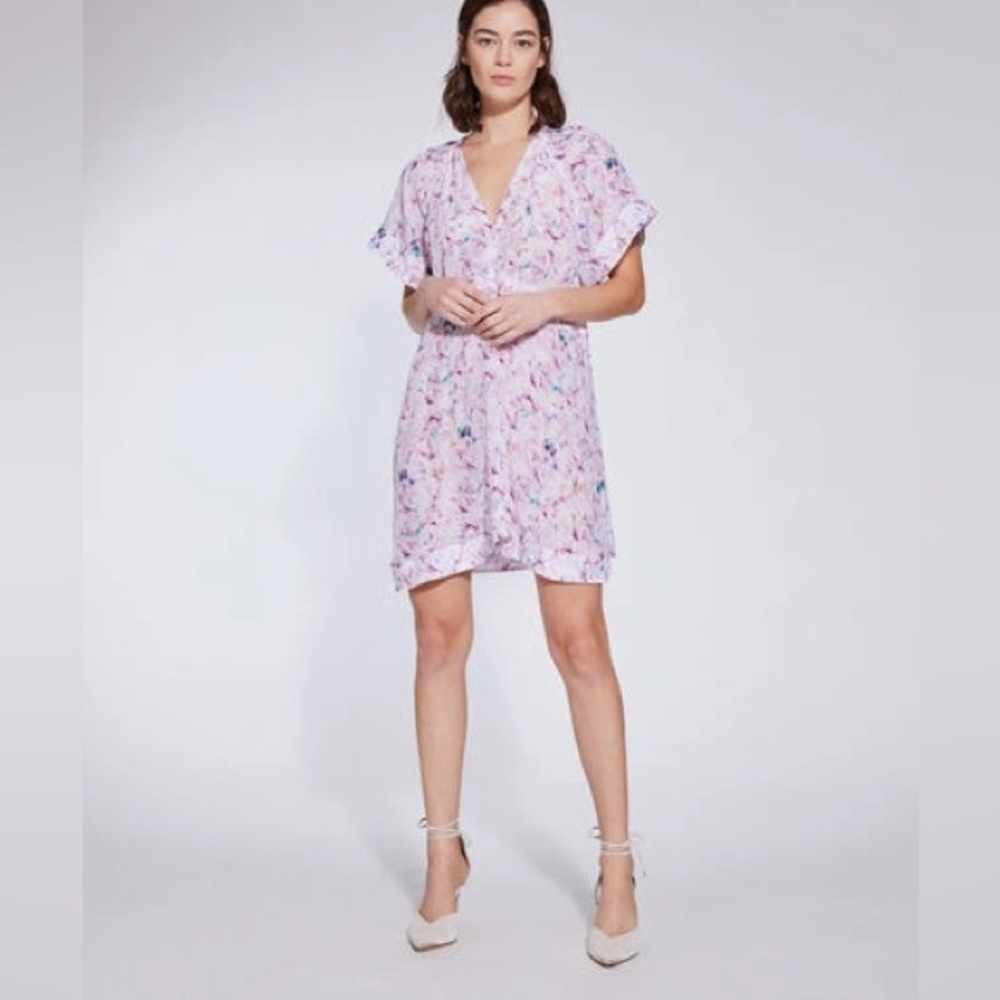 IRO Floral Mini Dress Pink Short Sleeve V Neck Silk Size 6